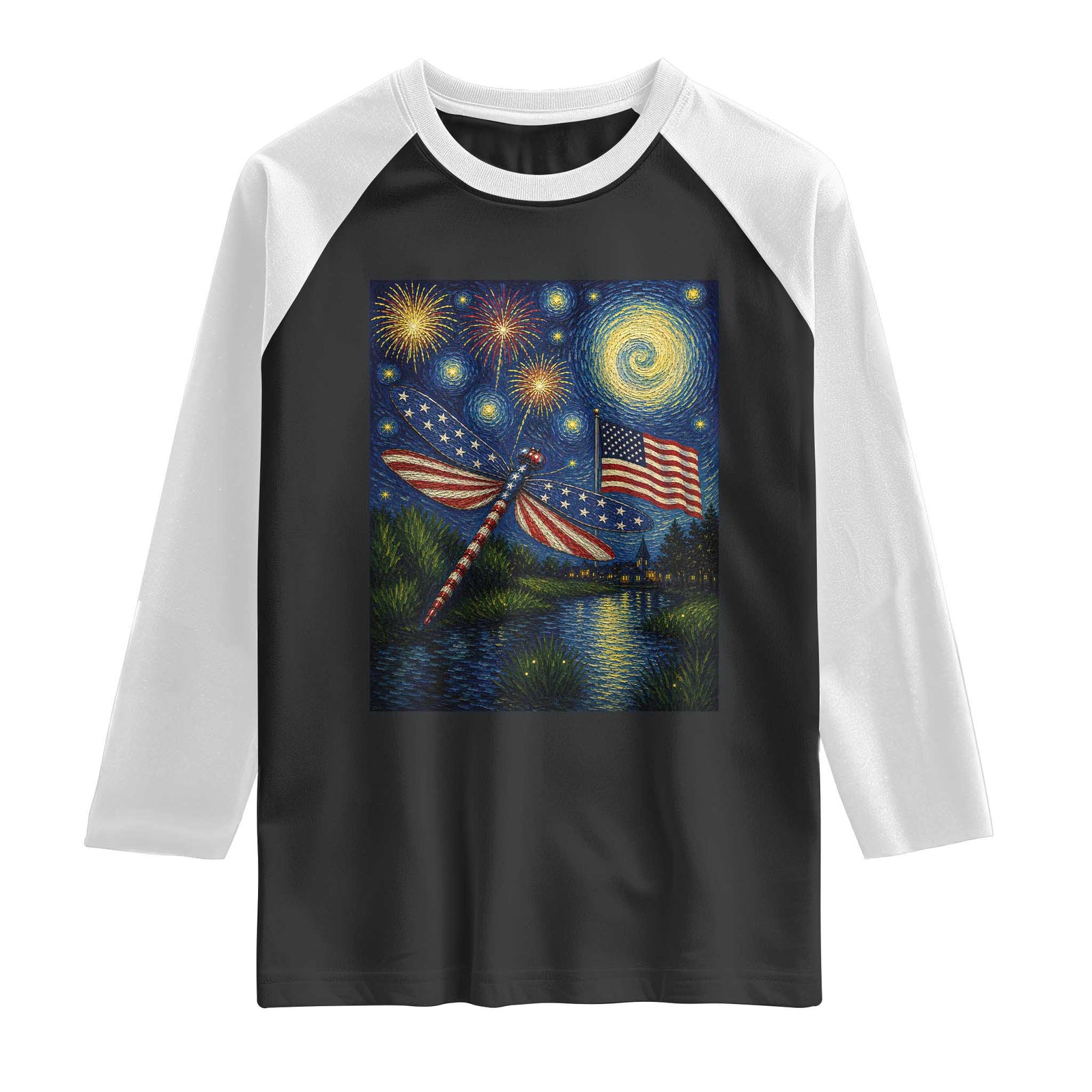 Patriotic Dragonfly Starry Night Swirls Raglan Shirt Nature Lovers TS12 Black White Print Your Wear