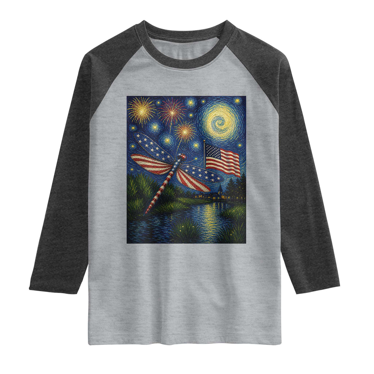 Patriotic Dragonfly Starry Night Swirls Raglan Shirt Nature Lovers TS12 Heather Gray Heather Charcoal Print Your Wear