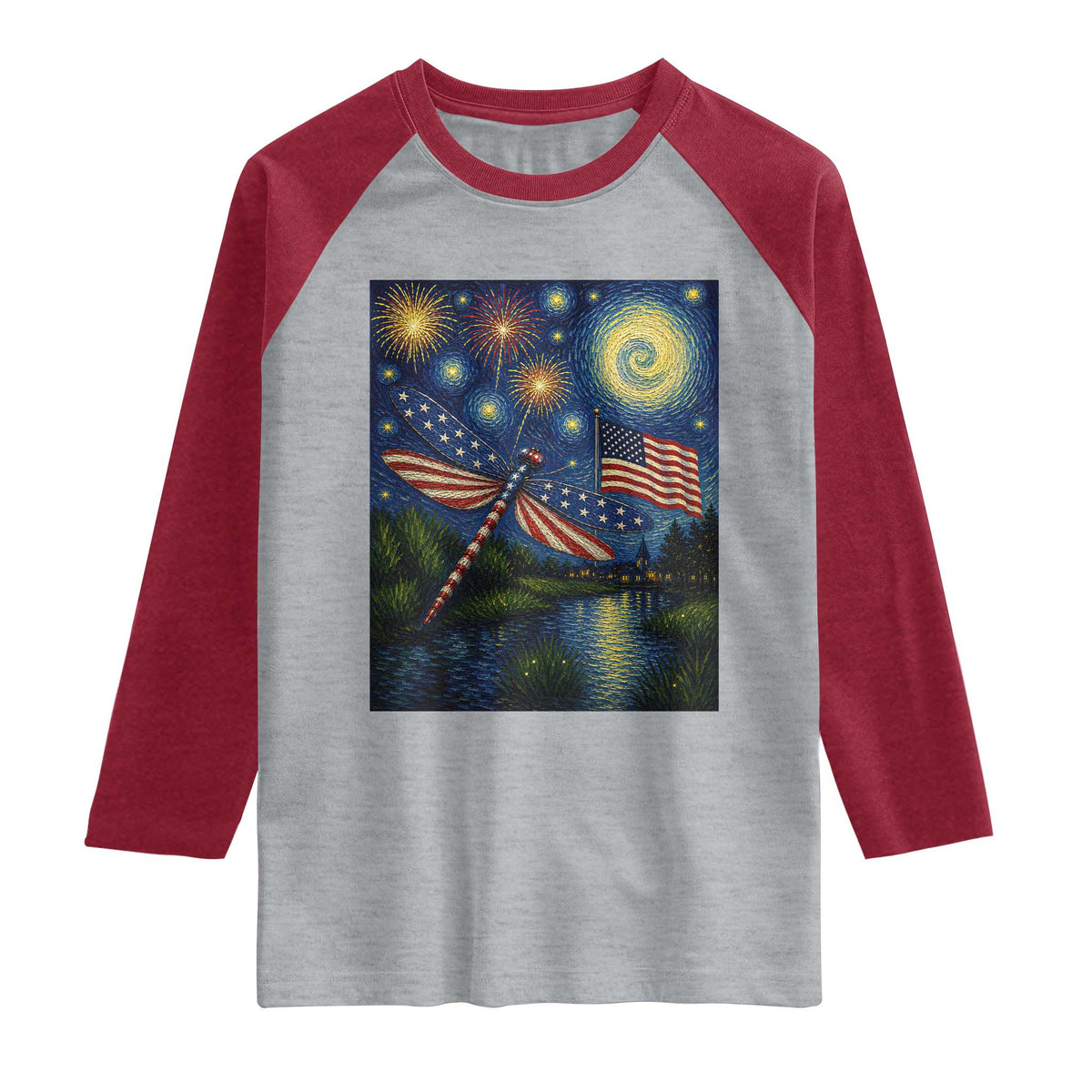 Patriotic Dragonfly Starry Night Swirls Raglan Shirt Nature Lovers TS12 Heather Gray Heather Red Print Your Wear