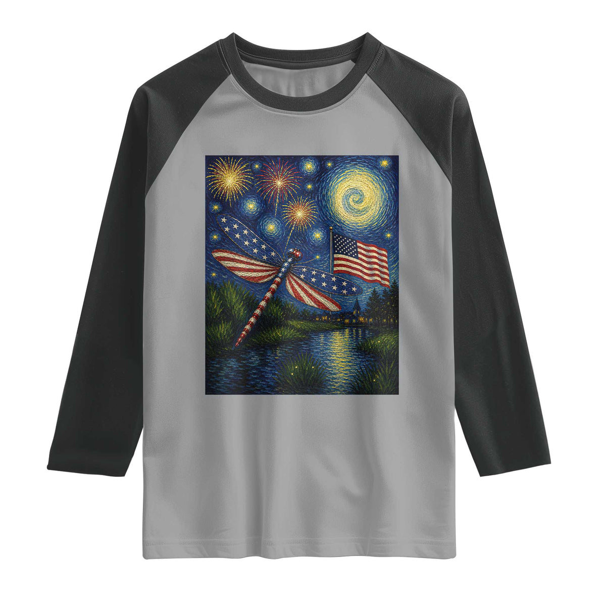 Patriotic Dragonfly Starry Night Swirls Raglan Shirt Nature Lovers TS12 Sport Gray Black Print Your Wear