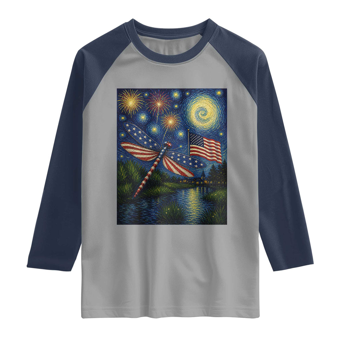 Patriotic Dragonfly Starry Night Swirls Raglan Shirt Nature Lovers TS12 Sport Gray Navy Print Your Wear