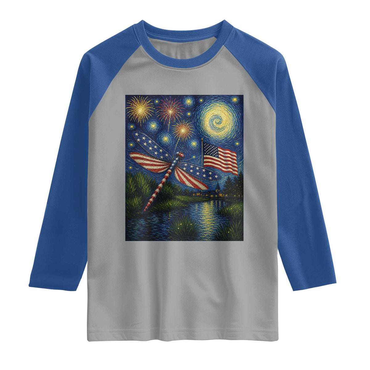 Patriotic Dragonfly Starry Night Swirls Raglan Shirt Nature Lovers TS12 Sport Gray Royal Print Your Wear