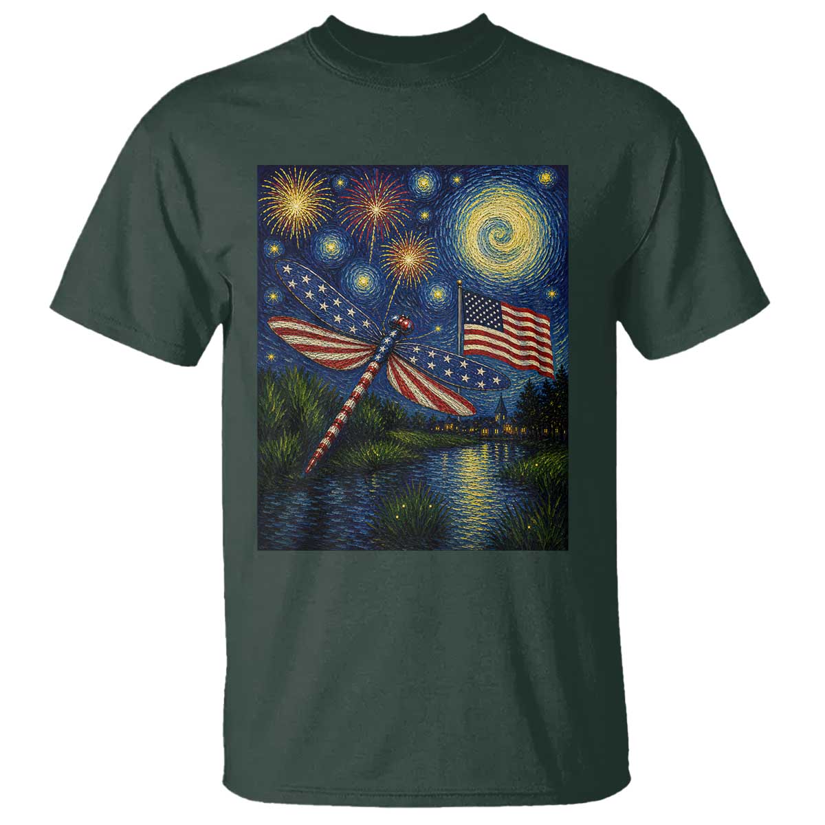Patriotic Dragonfly Starry Night Swirls T Shirt Nature Lovers TS12 Dark Forest Green Print Your Wear