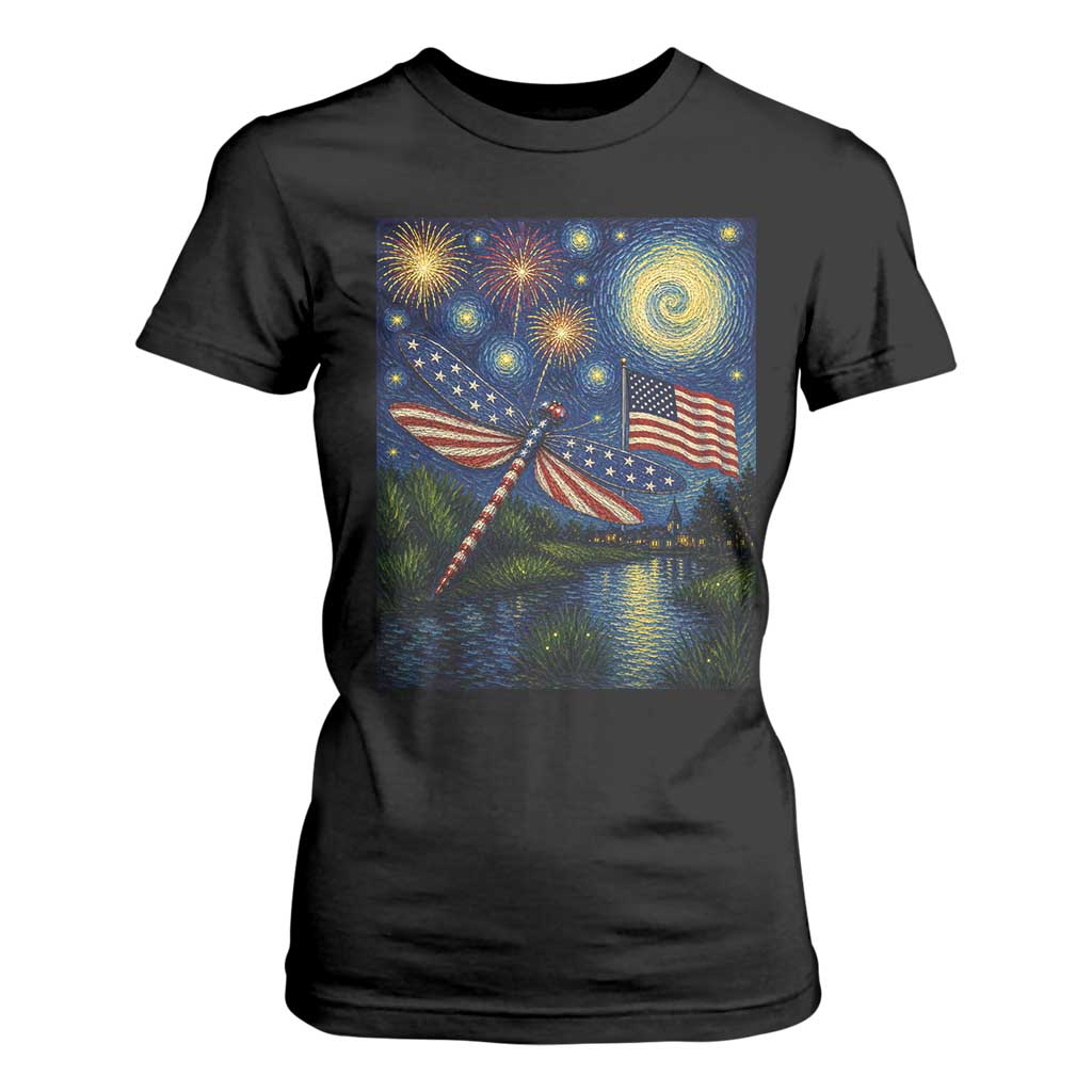 Patriotic Dragonfly Starry Night Swirls T Shirt For Women Nature Lovers TS12 Black Print Your Wear