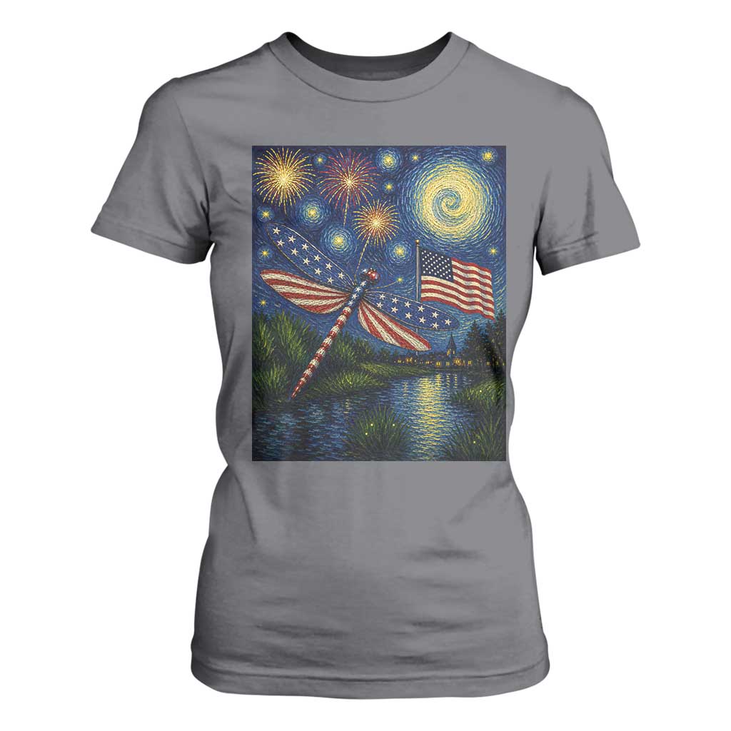 Patriotic Dragonfly Starry Night Swirls T Shirt For Women Nature Lovers TS12 Charcoal Print Your Wear