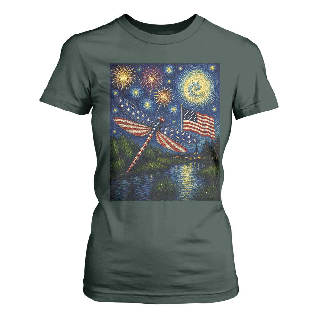 Patriotic Dragonfly Starry Night Swirls T Shirt For Women Nature Lovers TS12 Dark Forest Green Print Your Wear