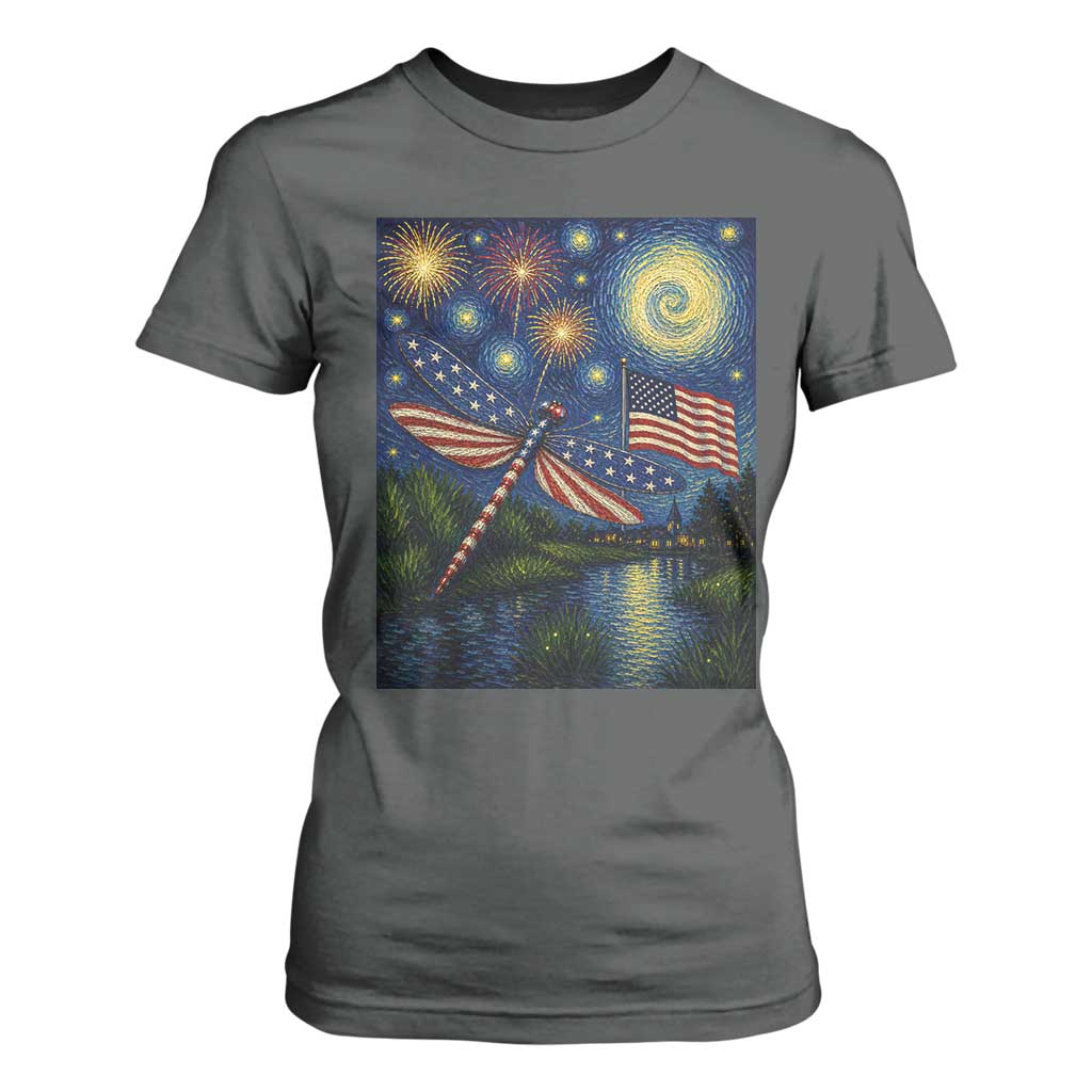 Patriotic Dragonfly Starry Night Swirls T Shirt For Women Nature Lovers TS12 Dark Heather Print Your Wear
