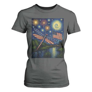 Patriotic Dragonfly Starry Night Swirls T Shirt For Women Nature Lovers TS12 Dark Heather Print Your Wear