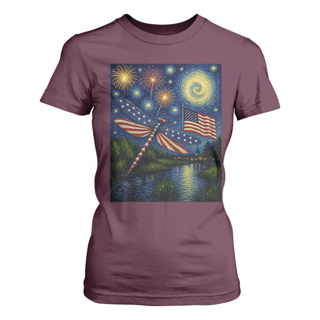 Patriotic Dragonfly Starry Night Swirls T Shirt For Women Nature Lovers TS12 Maroon Print Your Wear