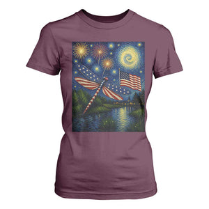 Patriotic Dragonfly Starry Night Swirls T Shirt For Women Nature Lovers TS12 Maroon Print Your Wear