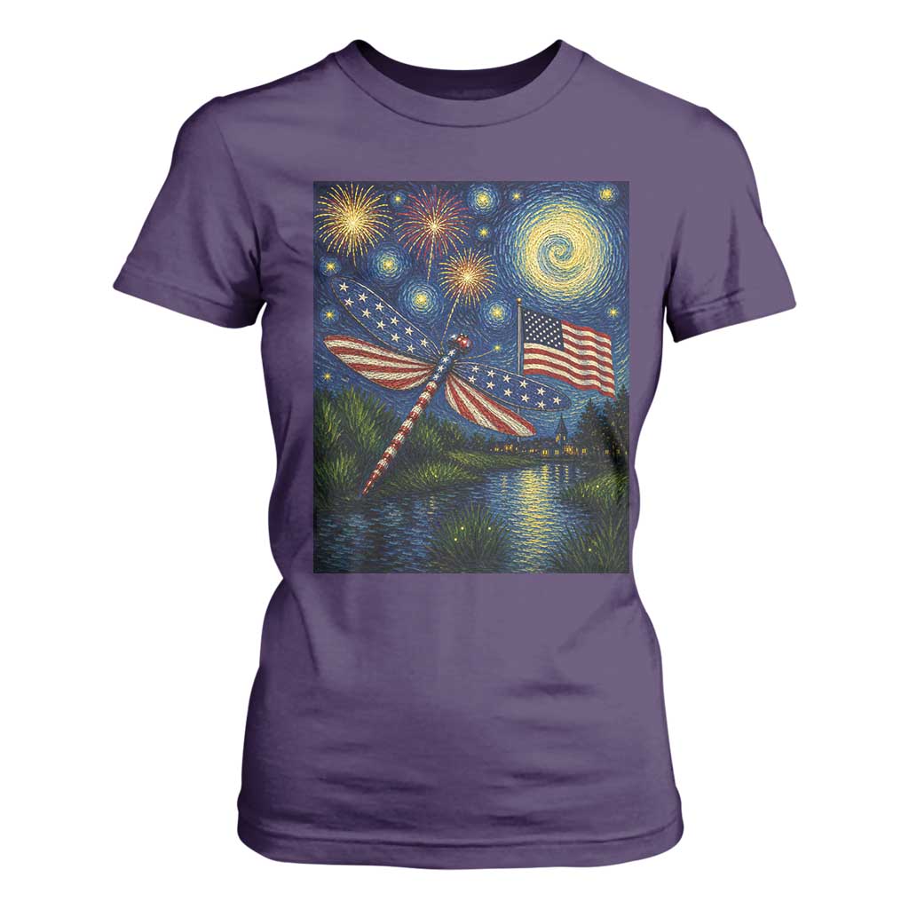 Patriotic Dragonfly Starry Night Swirls T Shirt For Women Nature Lovers TS12 Purple Print Your Wear
