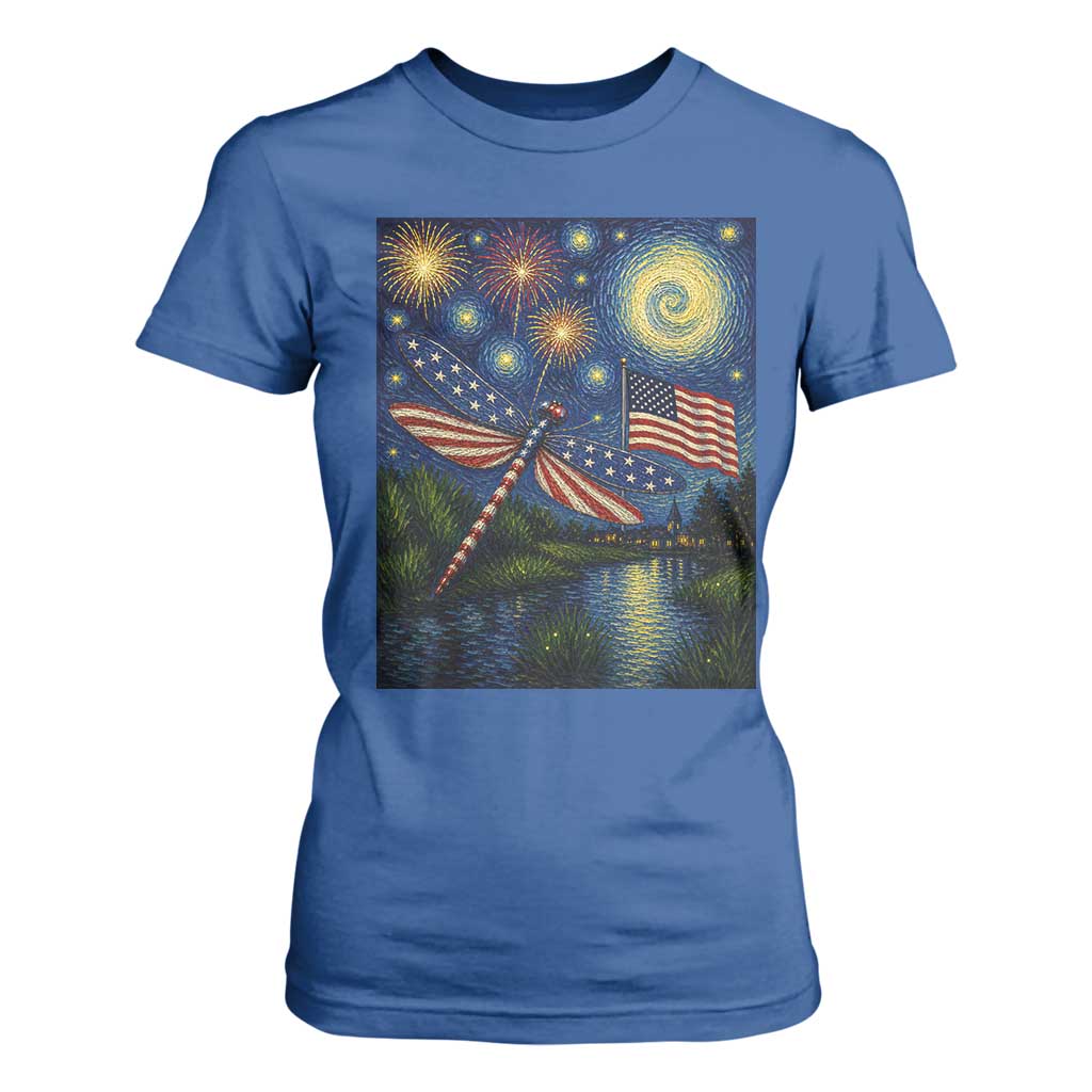 Patriotic Dragonfly Starry Night Swirls T Shirt For Women Nature Lovers TS12 Royal Blue Print Your Wear