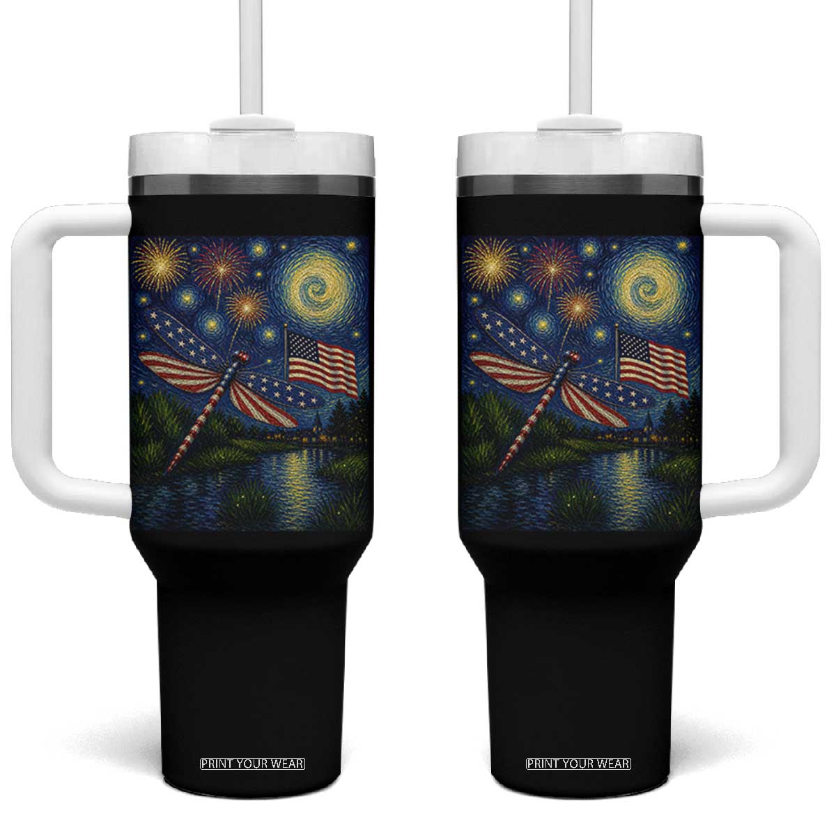 Patriotic Dragonfly Starry Night Swirls Tumbler With Handle Nature Lovers