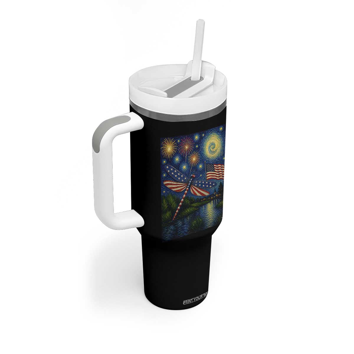 Patriotic Dragonfly Starry Night Swirls Tumbler With Handle Nature Lovers