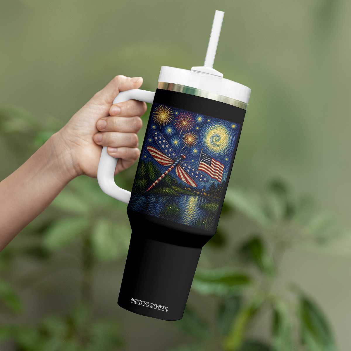 Patriotic Dragonfly Starry Night Swirls Tumbler With Handle Nature Lovers