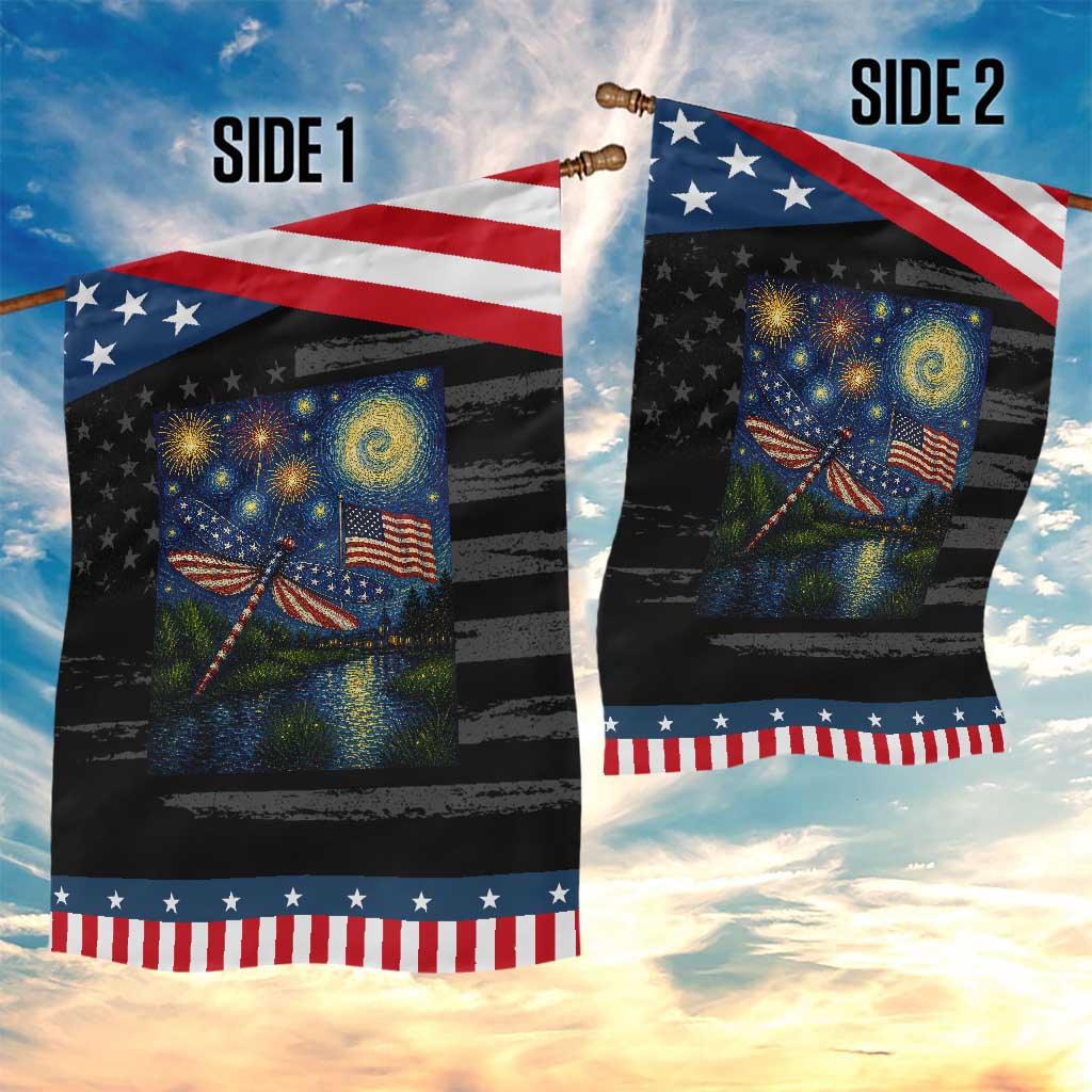 Red White And Blue Dragonfly Starry Night Swirls Patriotic Garden Flag Nature Lovers