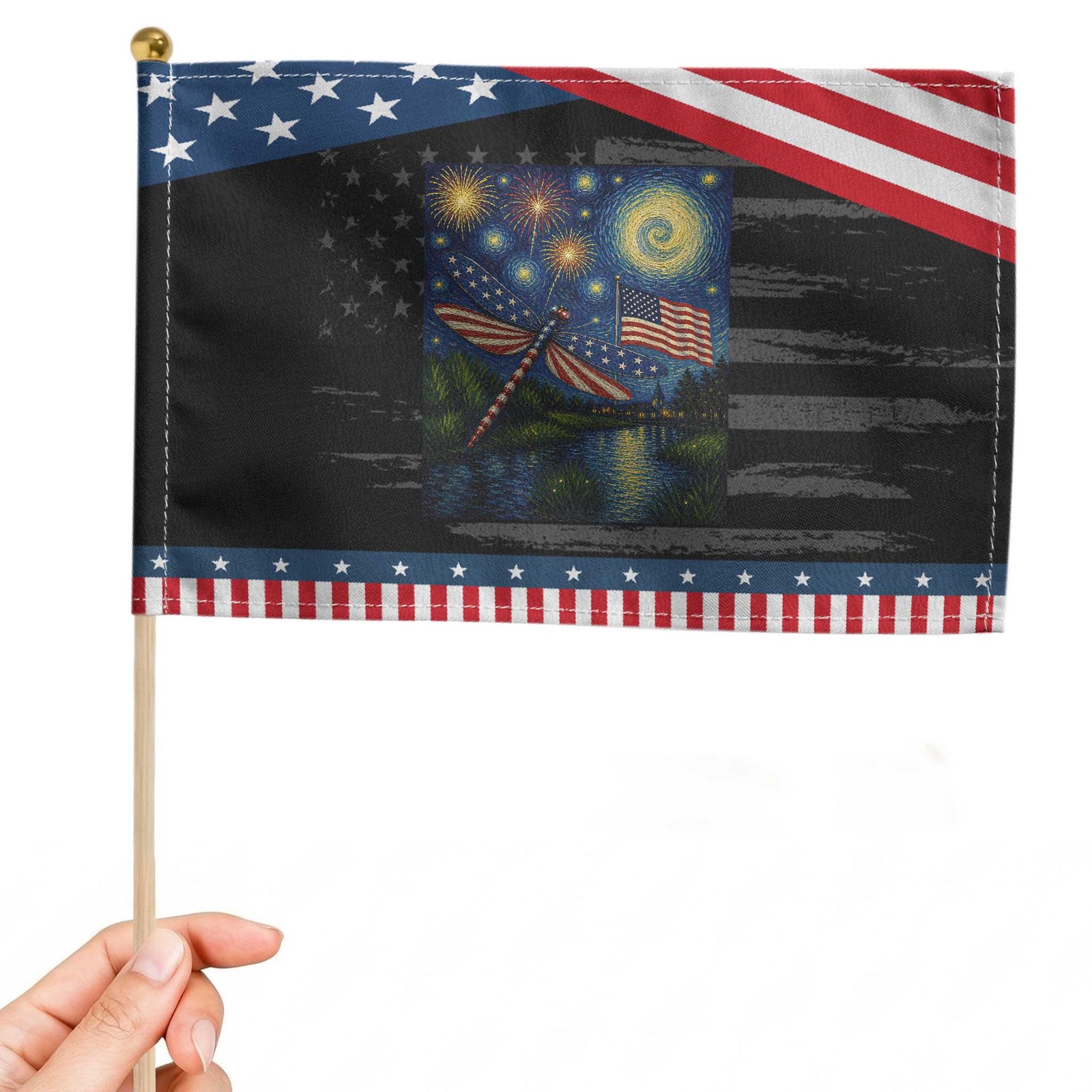 Red White And Blue Dragonfly Starry Night Swirls Patriotic Handheld Flag Nature Lovers TS12 Distressed 8.2