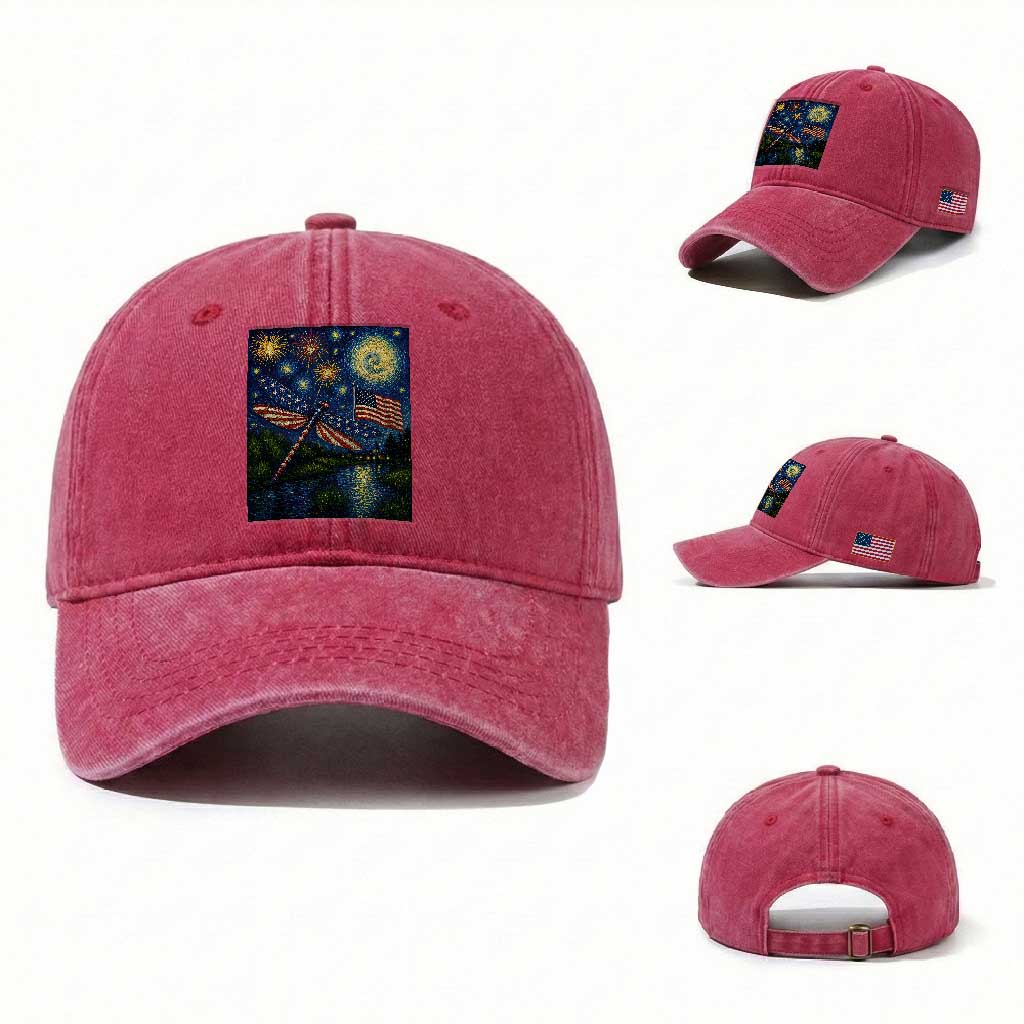 Patriotic Dragonfly Starry Night Swirls Washed Cotton Baseball Cap Nature Lovers TS12 Washed Cap Universal Fit Red Print Your Wear