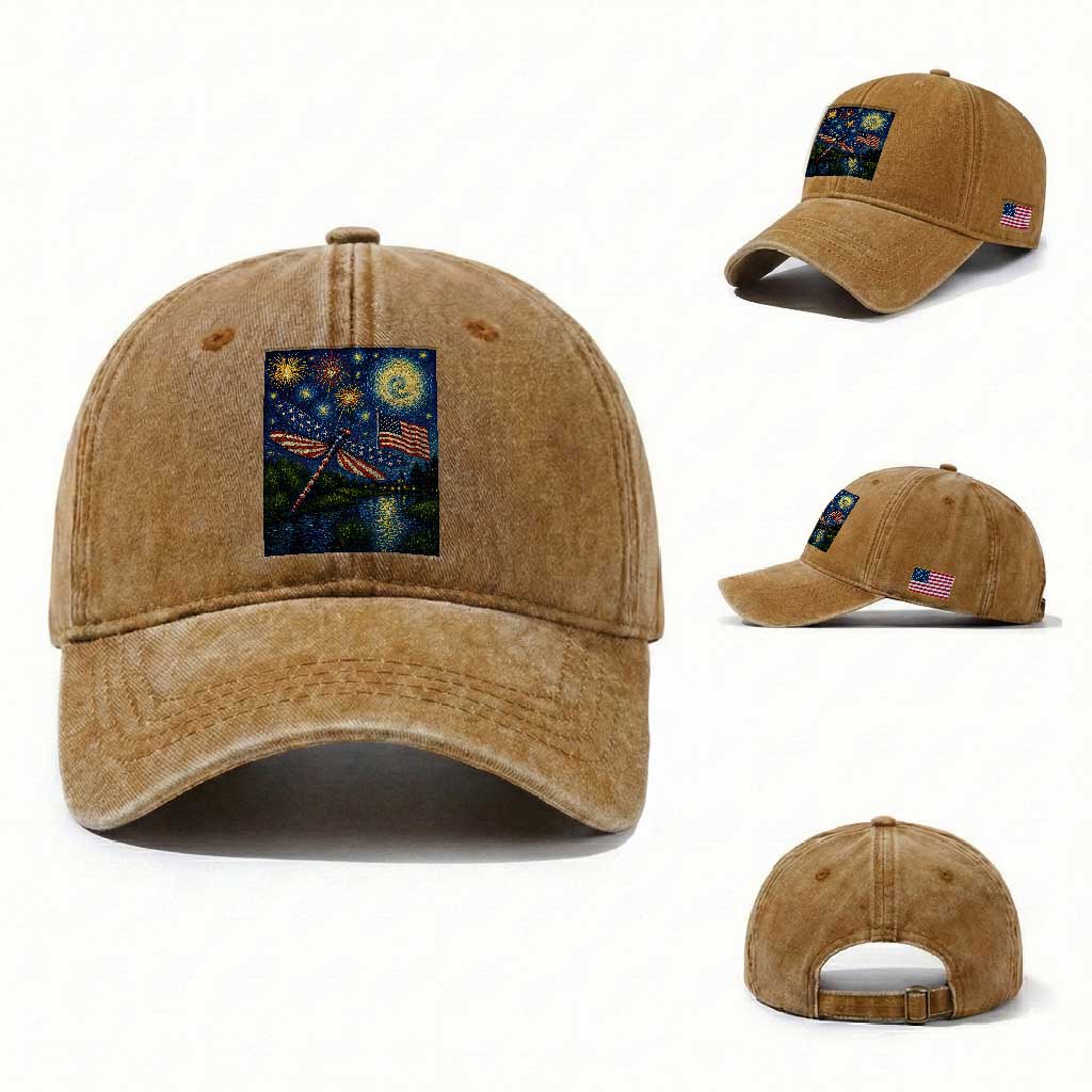 Patriotic Dragonfly Starry Night Swirls Washed Cotton Baseball Cap Nature Lovers TS12 Washed Cap Universal Fit Yellow Ochre Print Your Wear