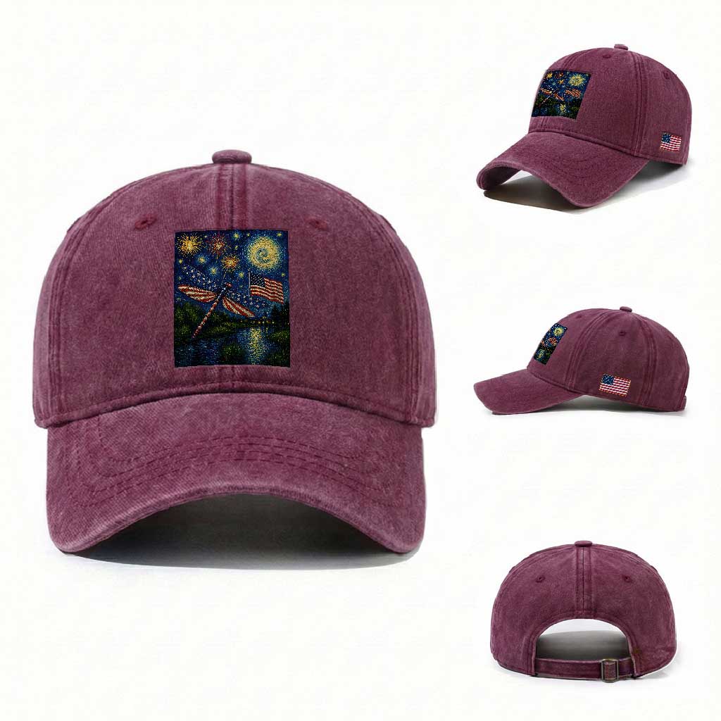 Patriotic Dragonfly Starry Night Swirls Washed Cotton Baseball Cap Nature Lovers TS12 Washed Cap Universal Fit Burgundy Print Your Wear