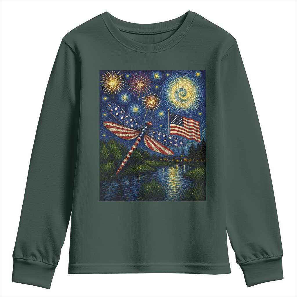 Patriotic Dragonfly Starry Night Swirls Youth Sweatshirt Nature Lovers TS12 Dark Forest Green Print Your Wear