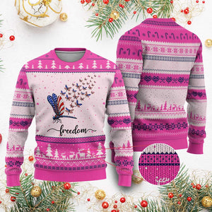 Freedom Dragonfly American Flag 4th Of July Ugly Christmas Sweater Patriotic Nature Lover Graphic TS12 Hot Pink Print Your Wear