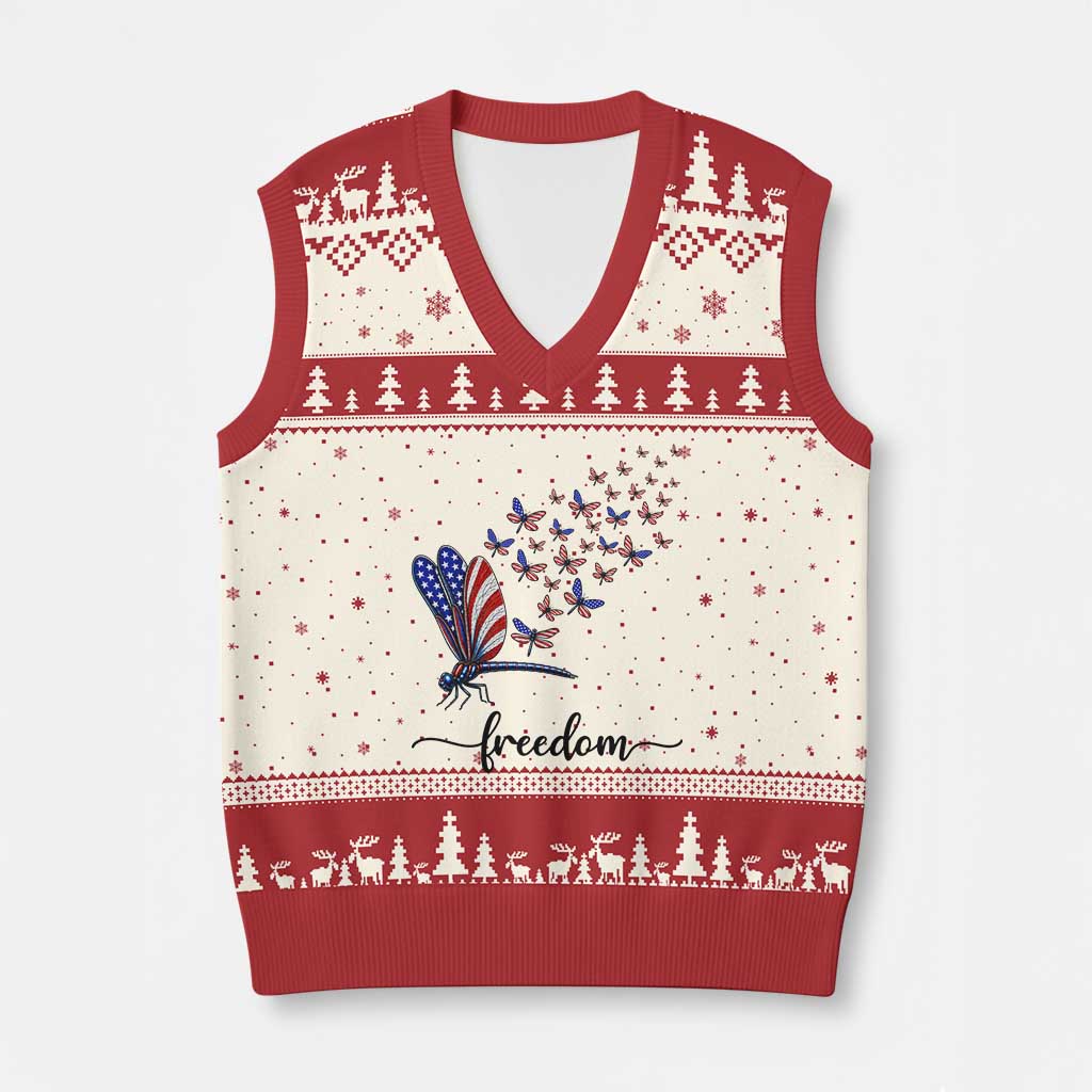 Freedom Dragonfly American Flag 4th Of July V-Neck Knit Sweater Vest Patriotic Nature Lover Graphic TS12 Beige Red Print Your Wear