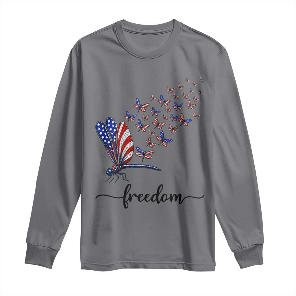 Freedom Dragonfly American Flag 4th Of July Long Sleeve Shirt Patriotic Nature Lover Graphic TS12 Charcoal Print Your Wear