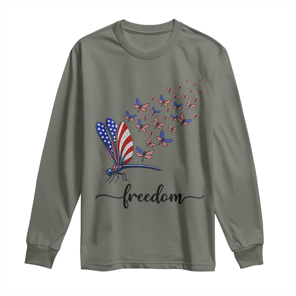 Freedom Dragonfly American Flag 4th Of July Long Sleeve Shirt Patriotic Nature Lover Graphic TS12 Military Green Print Your Wear