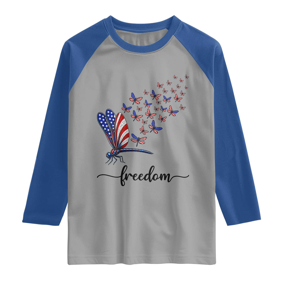 Freedom Dragonfly American Flag 4th Of July Raglan Shirt Patriotic Nature Lover Graphic TS12 Sport Gray Royal Print Your Wear