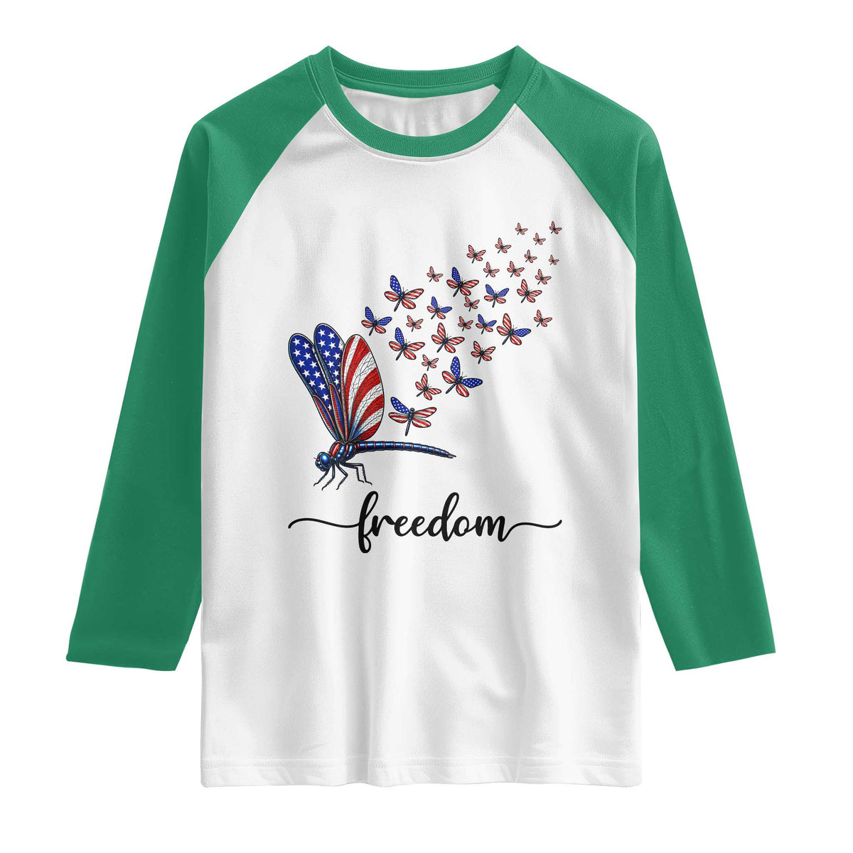 Freedom Dragonfly American Flag 4th Of July Raglan Shirt Patriotic Nature Lover Graphic TS12 White Kelly Green Print Your Wear