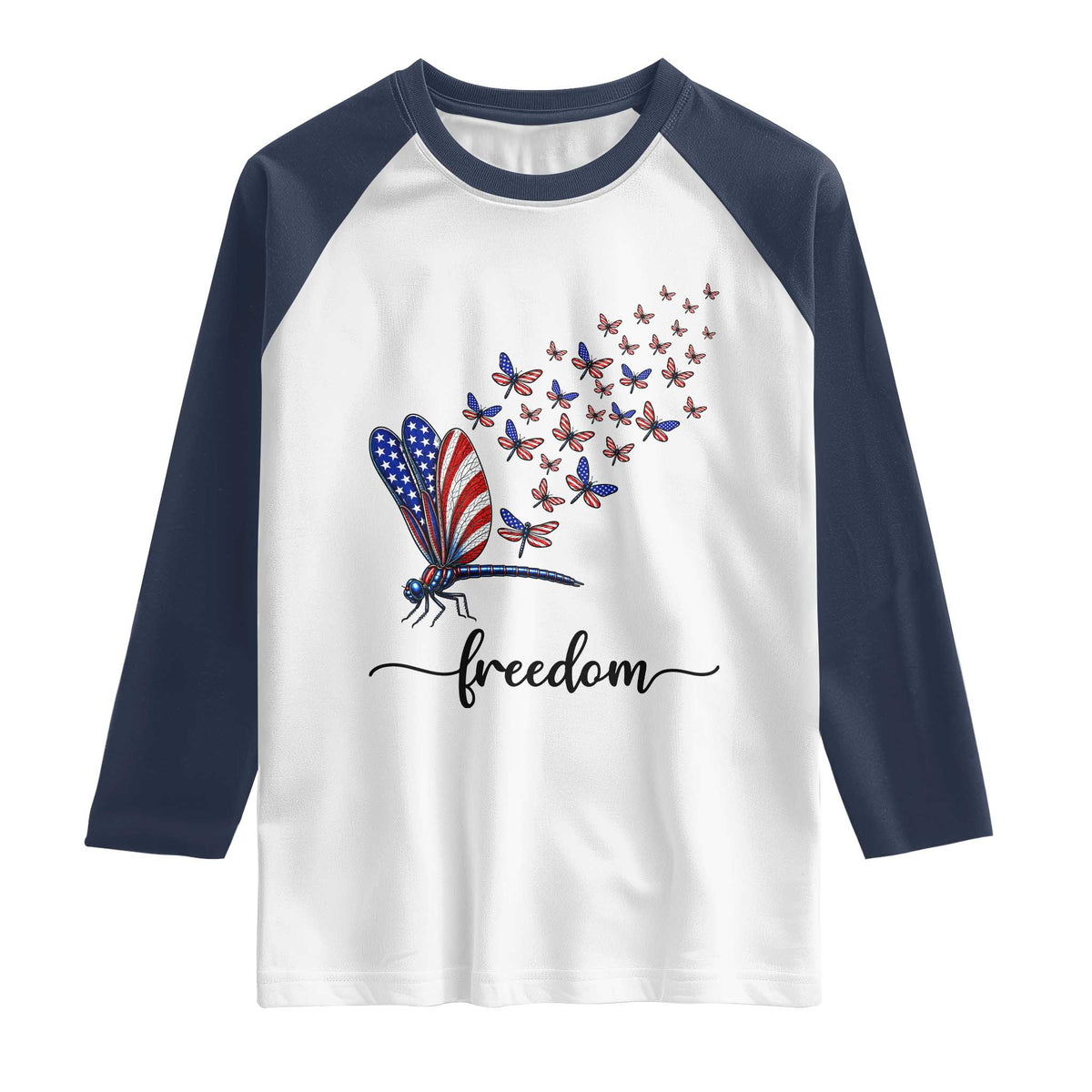 Freedom Dragonfly American Flag 4th Of July Raglan Shirt Patriotic Nature Lover Graphic TS12 White Navy Print Your Wear