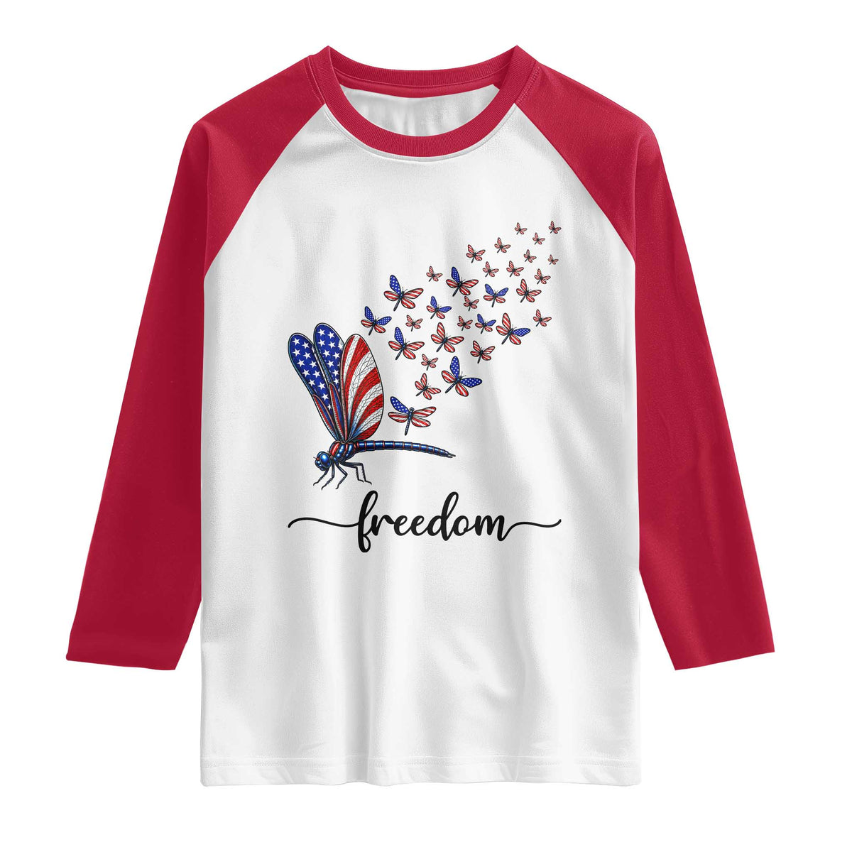 Freedom Dragonfly American Flag 4th Of July Raglan Shirt Patriotic Nature Lover Graphic TS12 White Red Print Your Wear