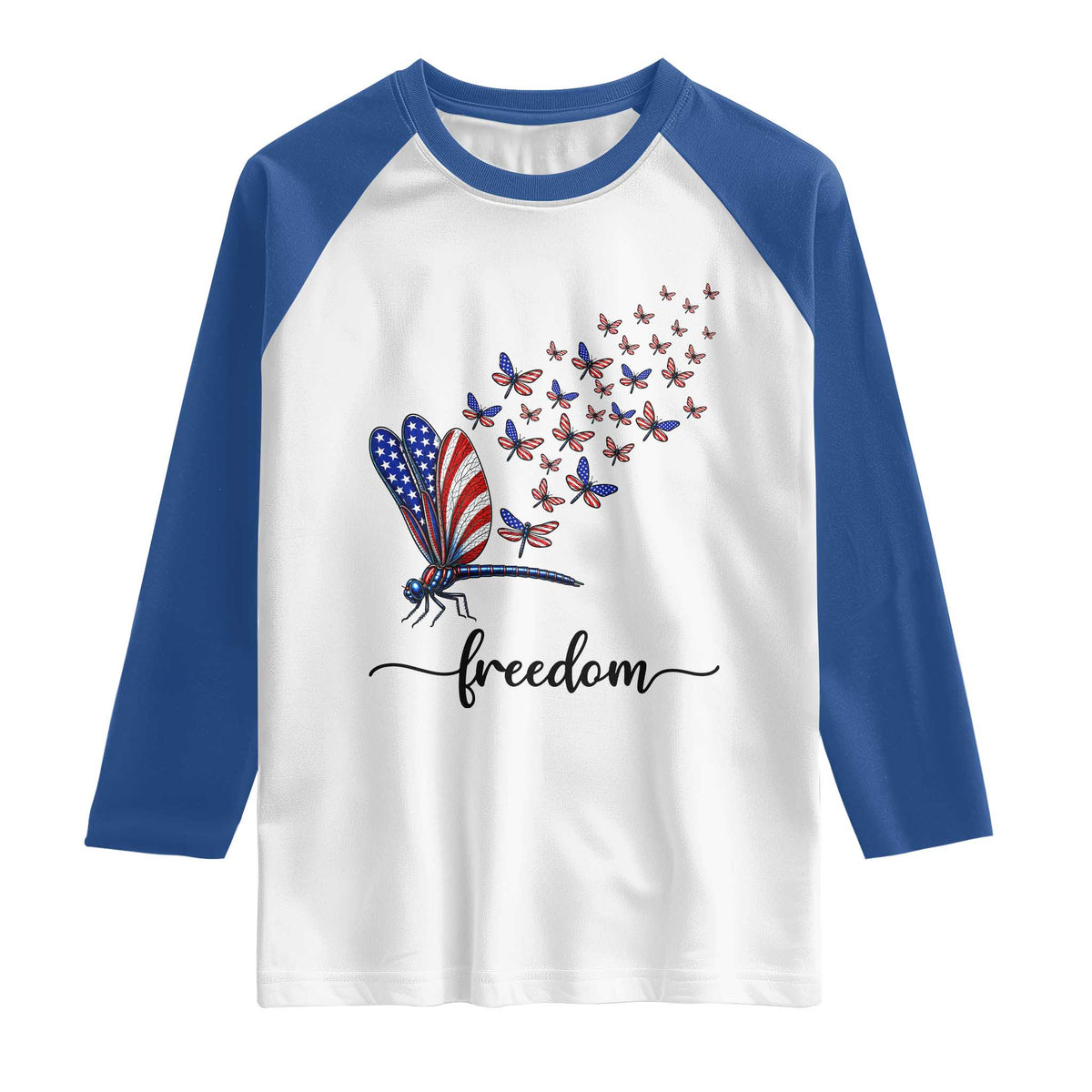 Freedom Dragonfly American Flag 4th Of July Raglan Shirt Patriotic Nature Lover Graphic TS12 White Royal Print Your Wear