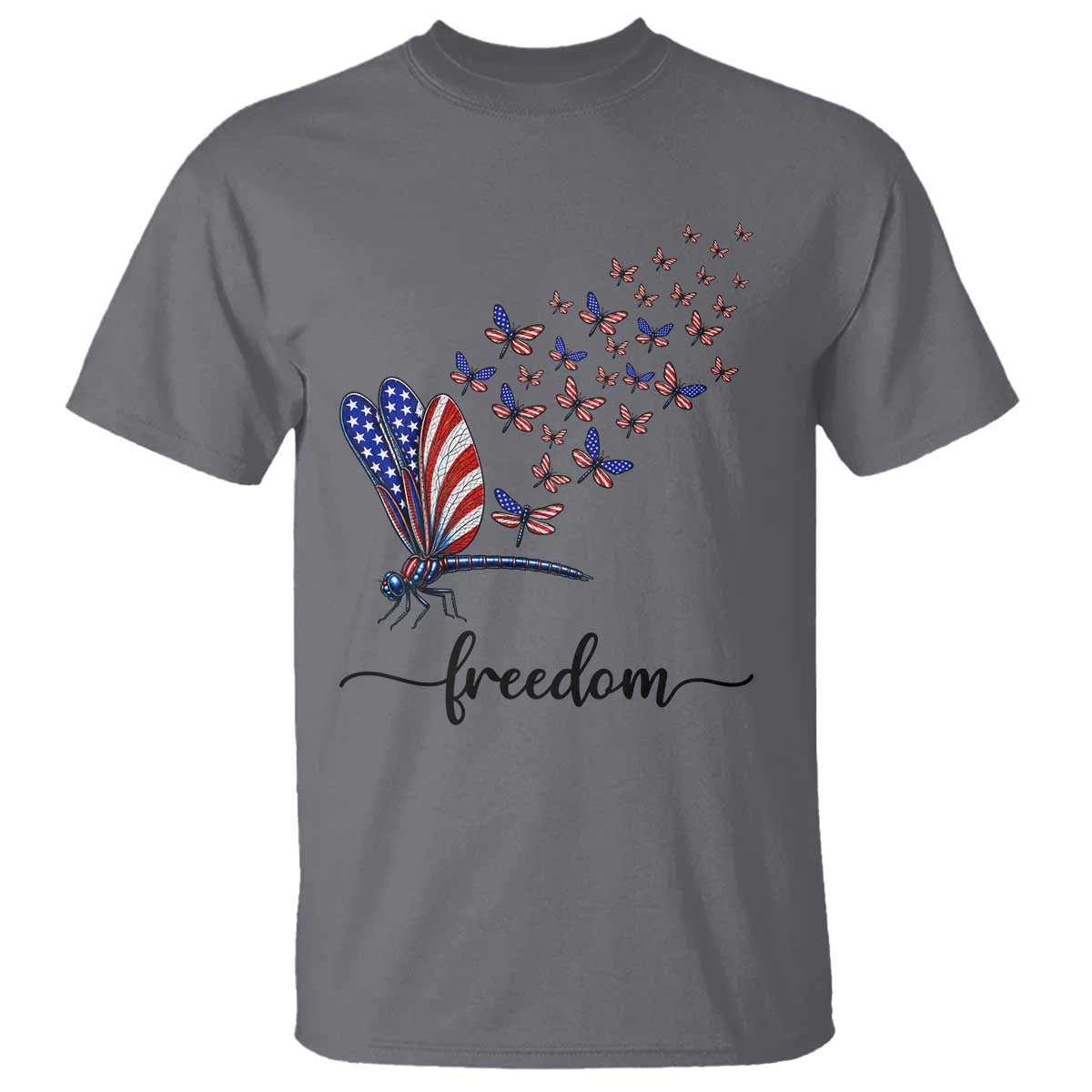 Freedom Dragonfly American Flag 4th Of July T Shirt Patriotic Nature Lover Graphic TS12 Charcoal Print Your Wear