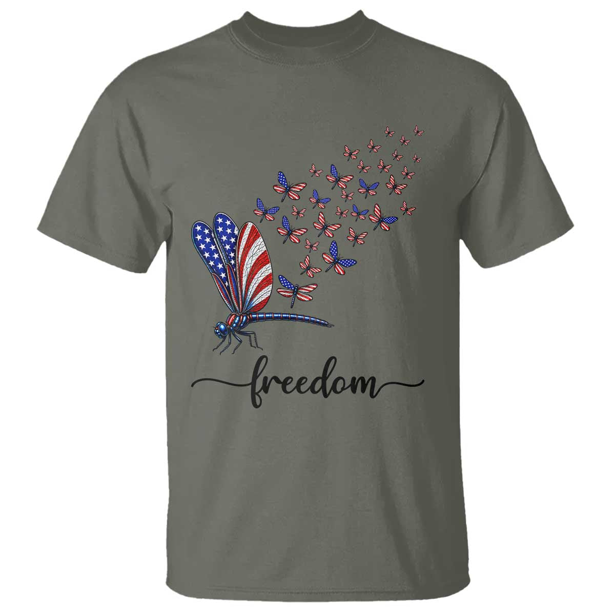 Freedom Dragonfly American Flag 4th Of July T Shirt Patriotic Nature Lover Graphic TS12 Military Green Print Your Wear