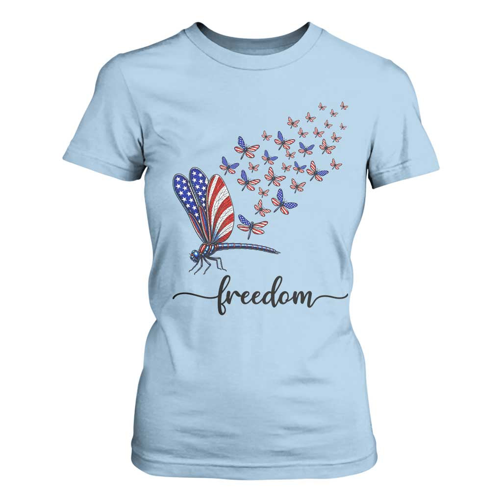 Freedom Dragonfly American Flag 4th Of July T Shirt For Women Patriotic Nature Lover Graphic TS12 Light Blue Print Your Wear