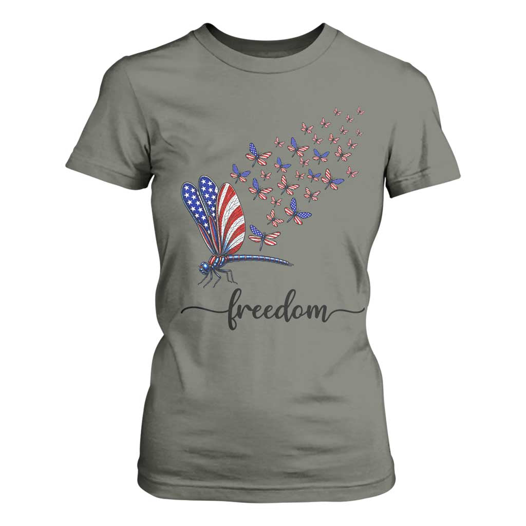 Freedom Dragonfly American Flag 4th Of July T Shirt For Women Patriotic Nature Lover Graphic TS12 Military Green Print Your Wear