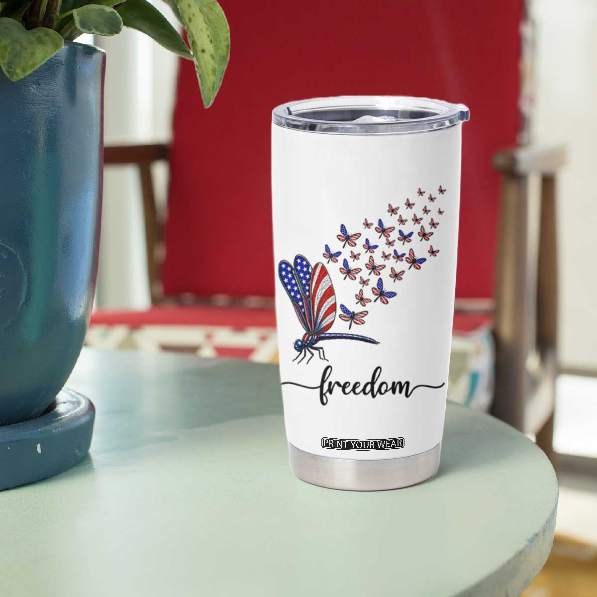 Freedom Dragonfly American Flag 4th Of July Tumbler Cup Patriotic Nature Lover Graphic