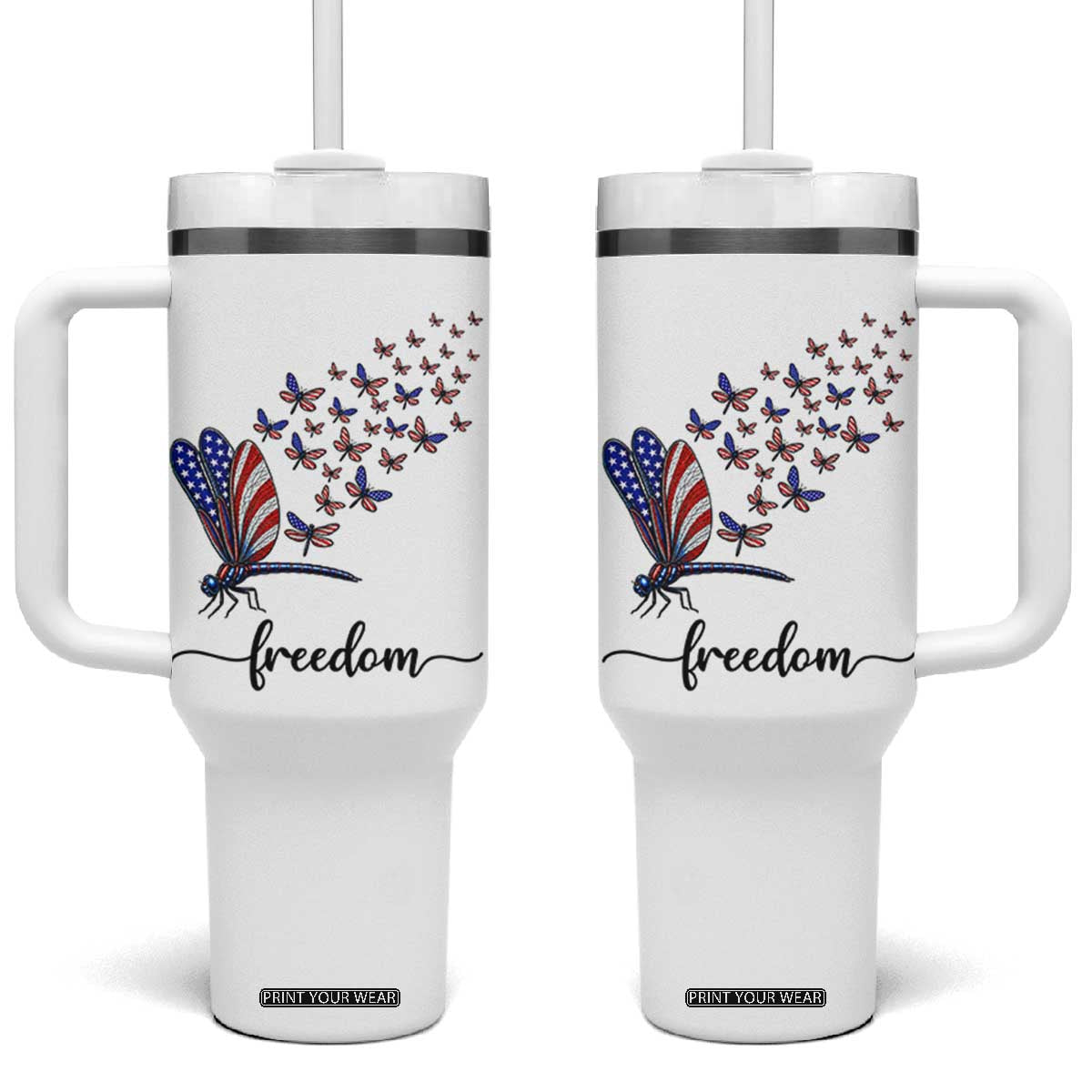Freedom Dragonfly American Flag 4th Of July Tumbler With Handle Patriotic Nature Lover Graphic TS12 One Size: 40 oz White Print Your Wear