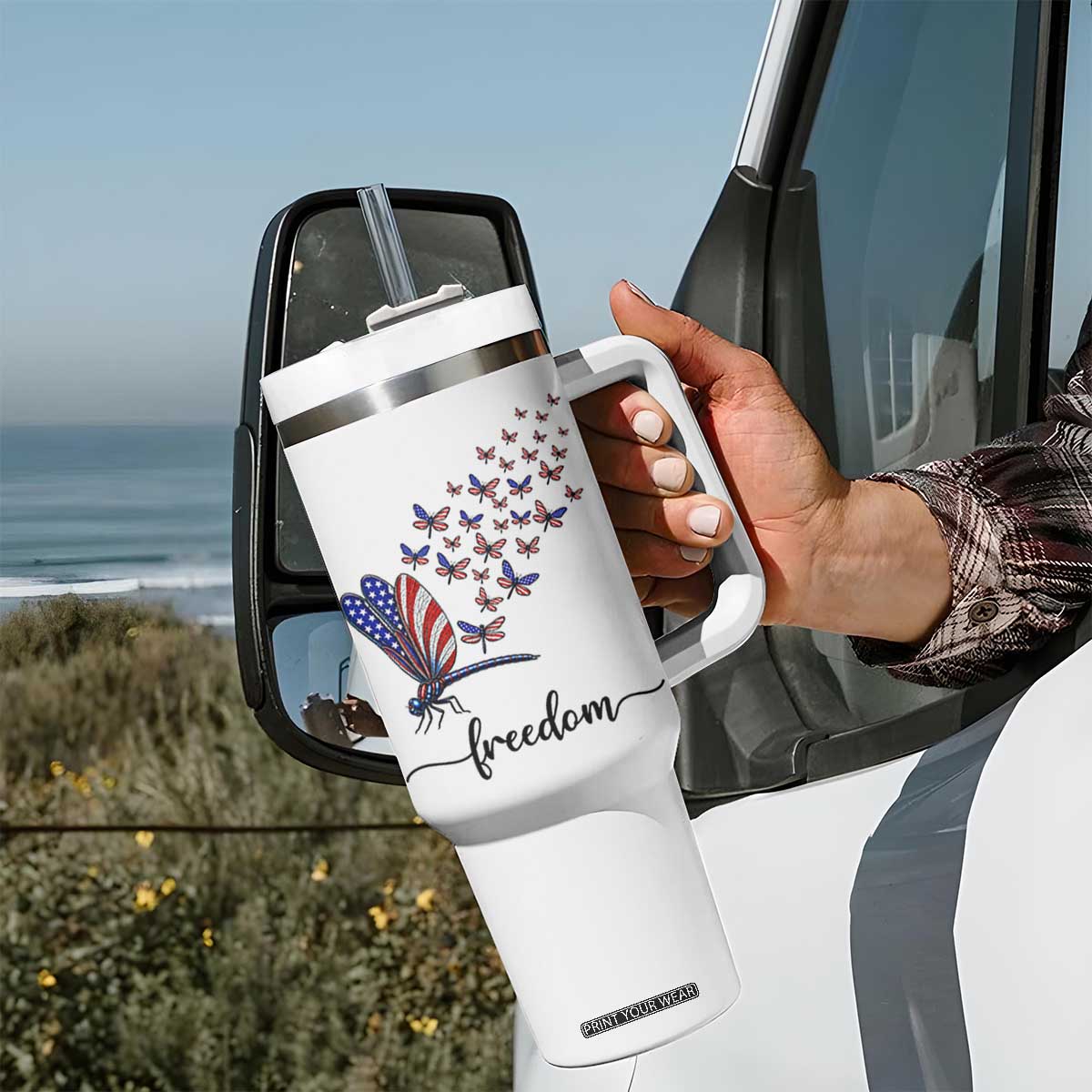 Freedom Dragonfly American Flag 4th Of July Tumbler With Handle Patriotic Nature Lover Graphic TS12 Print Your Wear