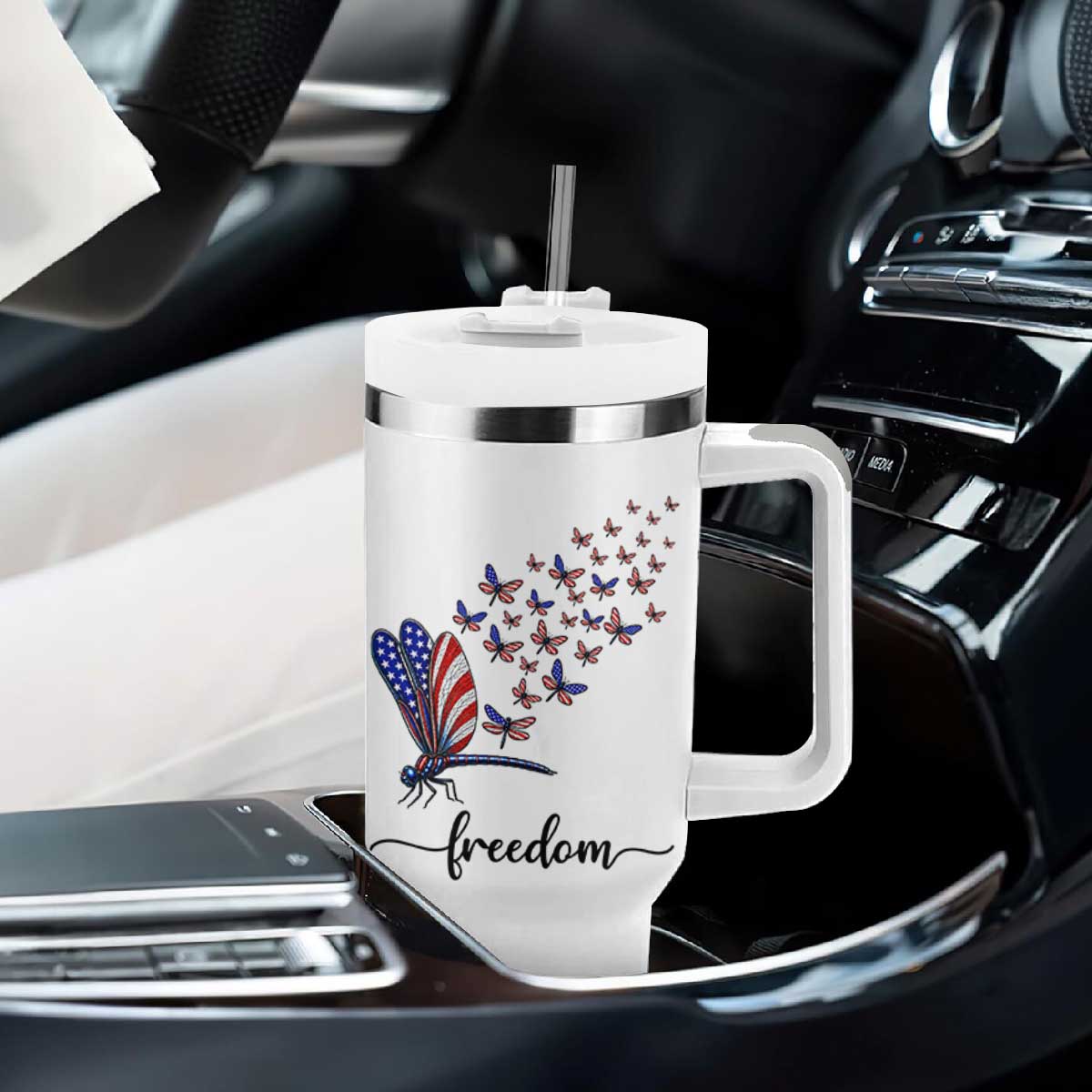 Freedom Dragonfly American Flag 4th Of July Tumbler With Handle Patriotic Nature Lover Graphic TS12 Print Your Wear
