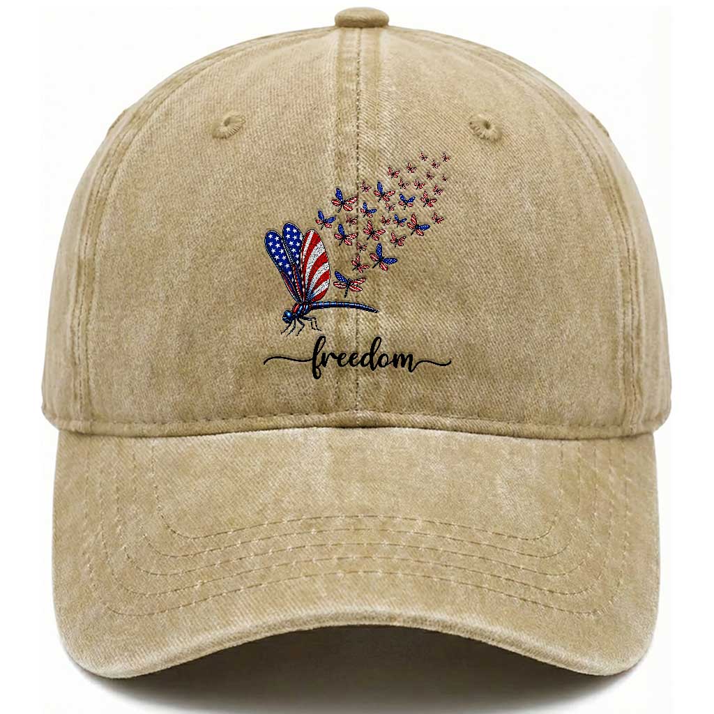 Freedom Dragonfly American Flag 4th Of July Washed Cotton Baseball Cap Patriotic Nature Lover Graphic TS12 Print Your Wear