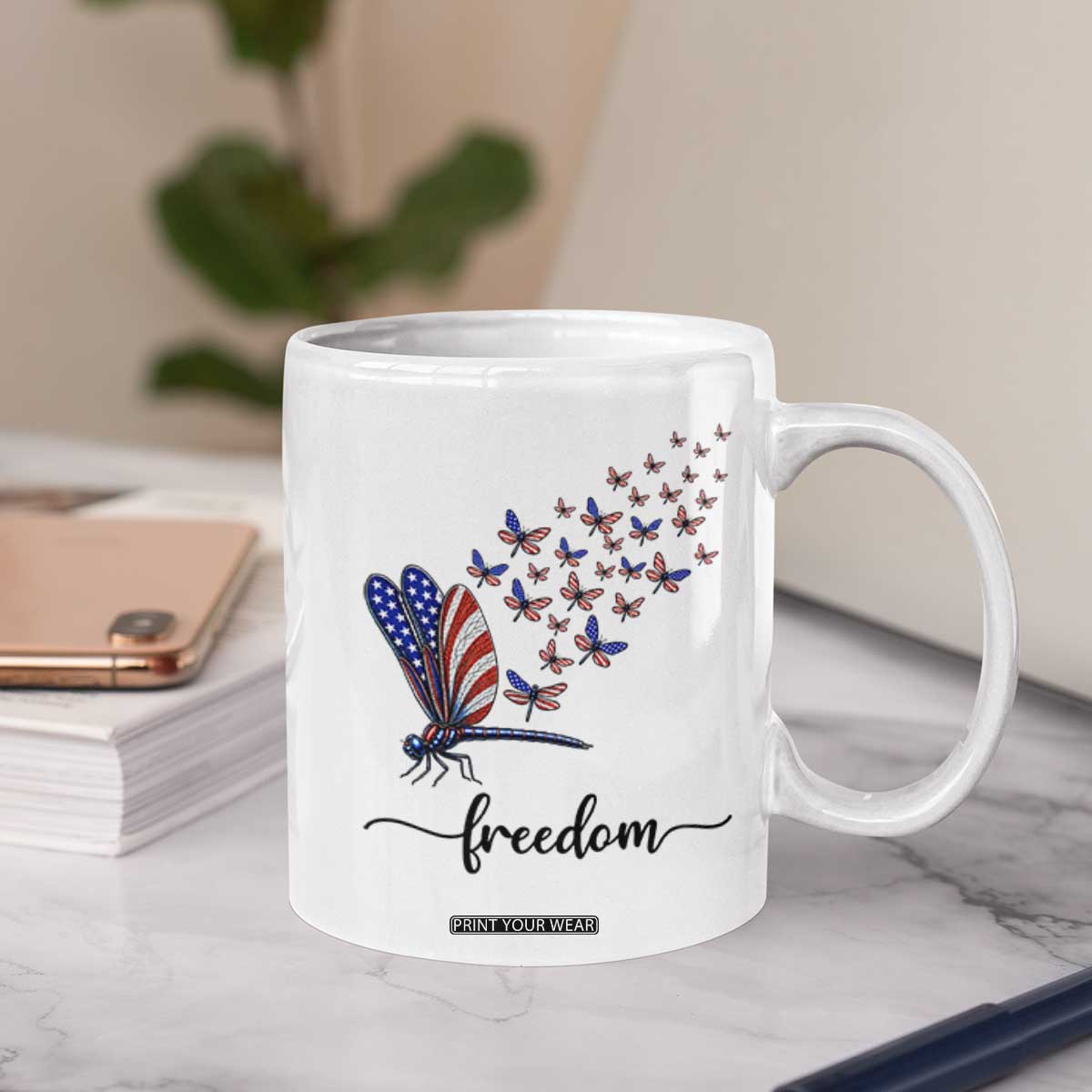 Freedom Dragonfly American Flag 4th Of July Coffee Mug Patriotic Nature Lover Graphic TS12 Print Your Wear