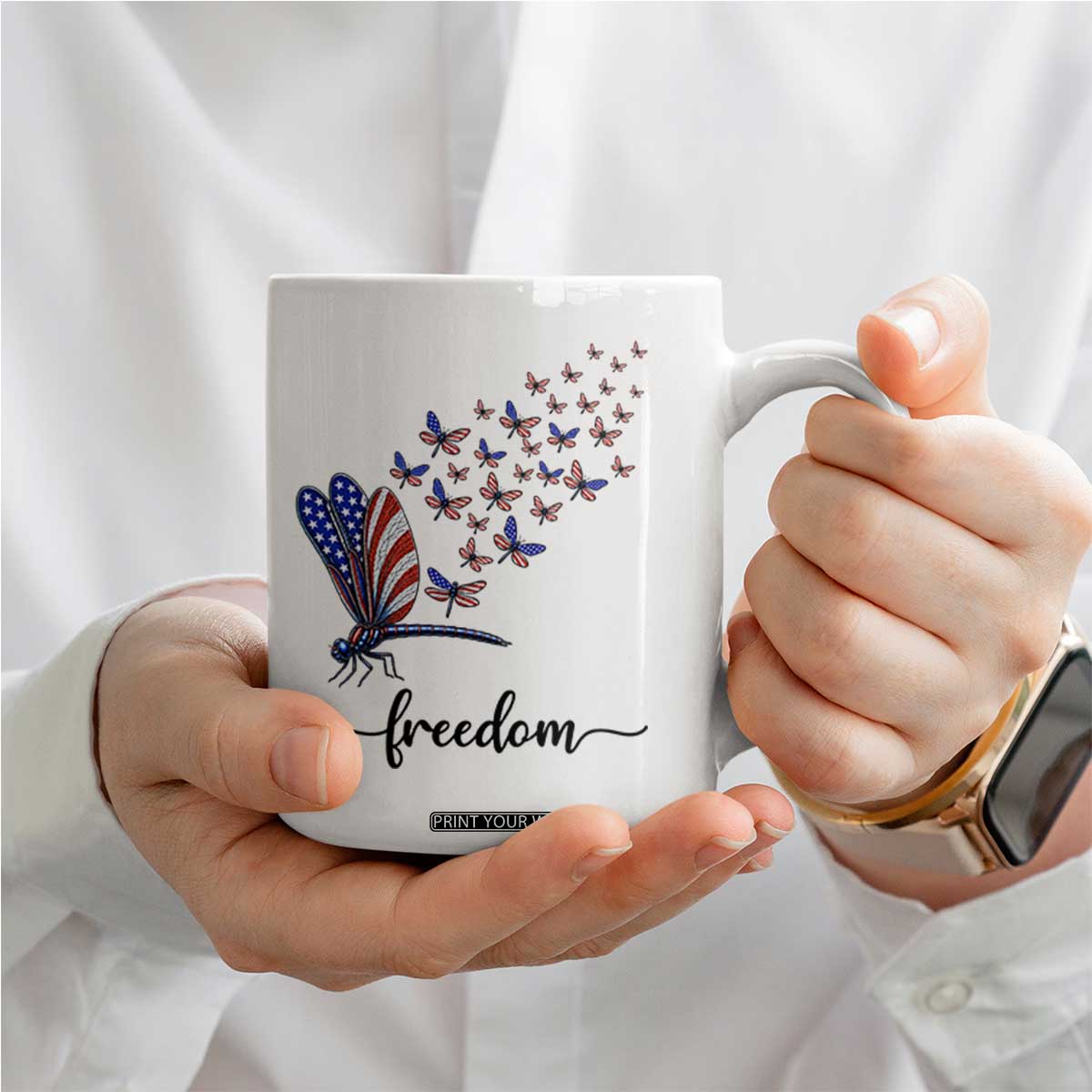 Freedom Dragonfly American Flag 4th Of July Coffee Mug Patriotic Nature Lover Graphic TS12 Print Your Wear