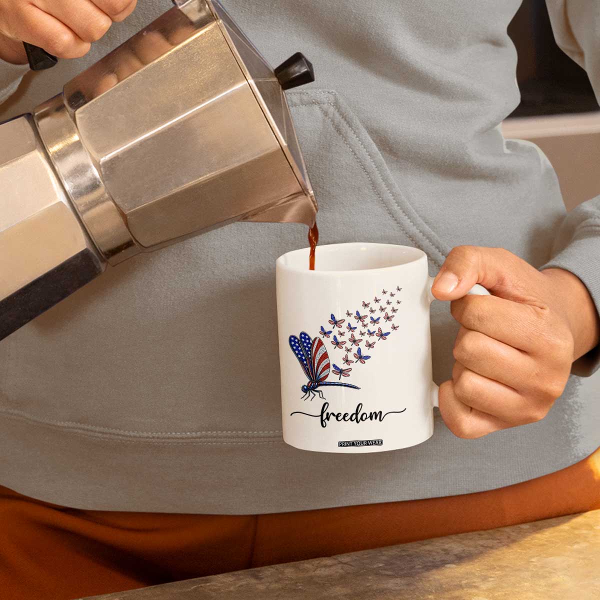 Freedom Dragonfly American Flag 4th Of July Coffee Mug Patriotic Nature Lover Graphic TS12 Print Your Wear