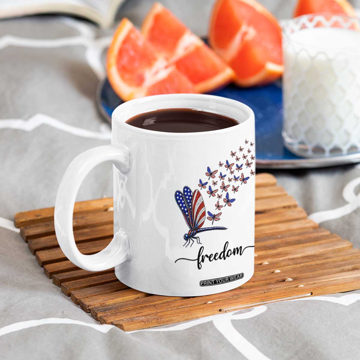 Freedom Dragonfly American Flag 4th Of July Coffee Mug Patriotic Nature Lover Graphic TS12 Print Your Wear