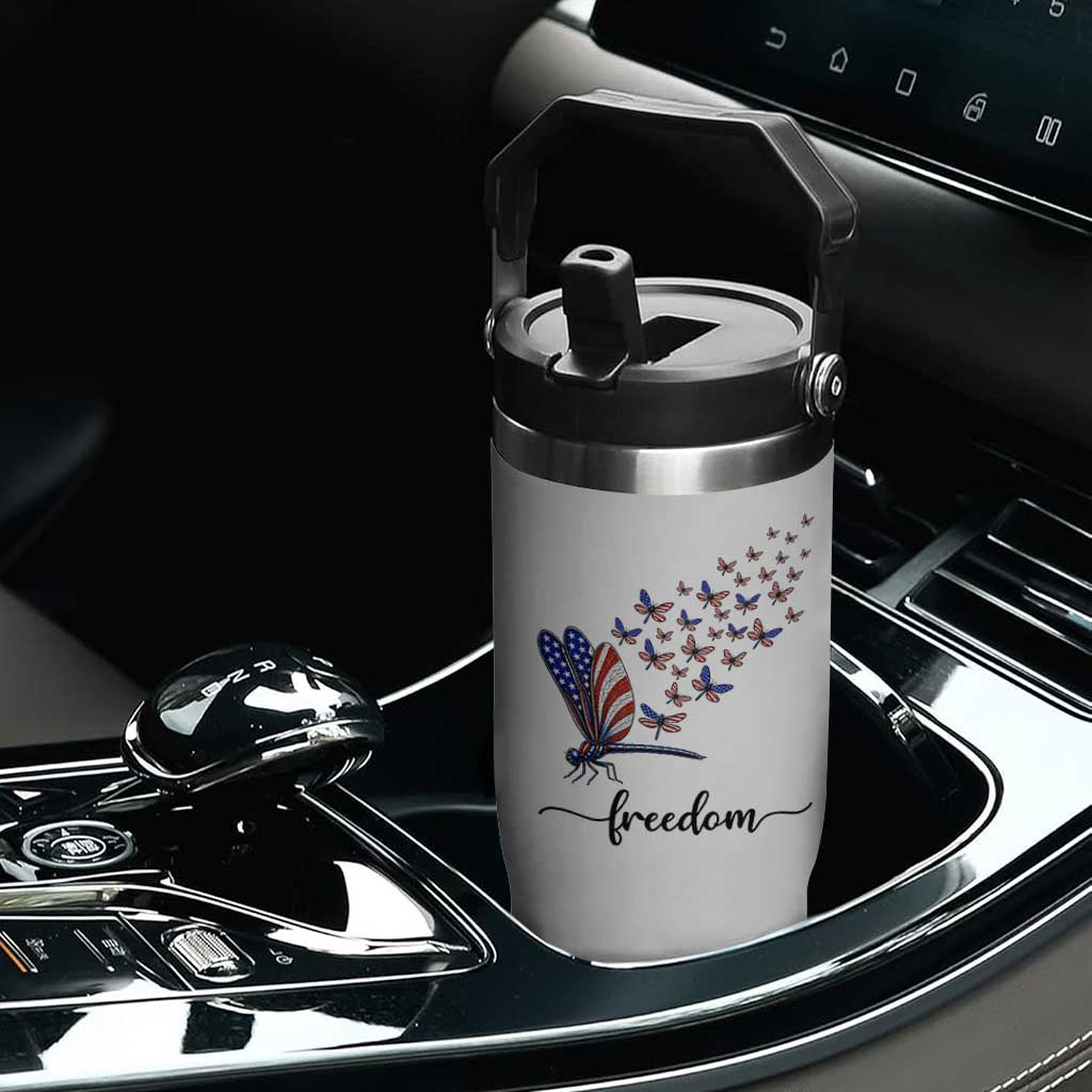 Freedom Dragonfly American Flag 4th Of July Flip Straw Tumbler Patriotic Nature Lover Graphic TS12 Print Your Wear