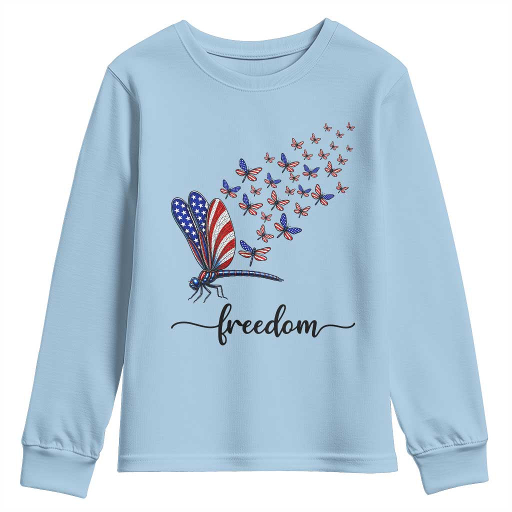Freedom Dragonfly American Flag 4th Of July Youth Sweatshirt Patriotic Nature Lover Graphic TS12 Light Blue Print Your Wear