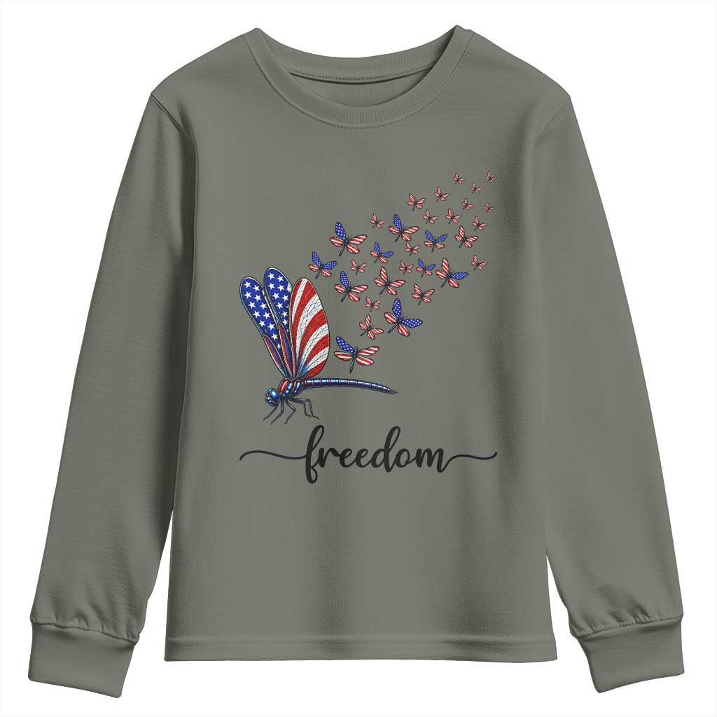 Freedom Dragonfly American Flag 4th Of July Youth Sweatshirt Patriotic Nature Lover Graphic TS12 Military Green Print Your Wear